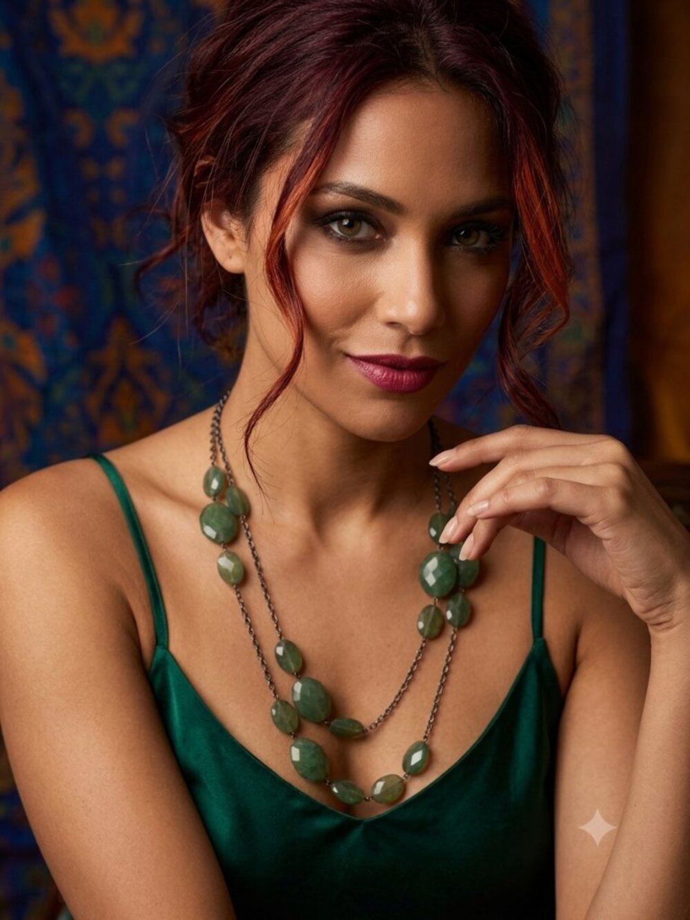 Green Faceted Stone Double Layer Station Chain Necklace - Picture 2 of 5